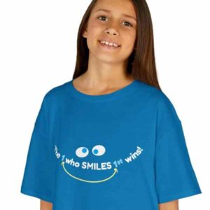 The 1 who SMILES 1st wins! Kids Tee - Sapphire