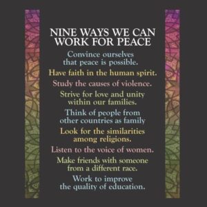 Nine Ways to Work for Peace T-Shirt – two versions